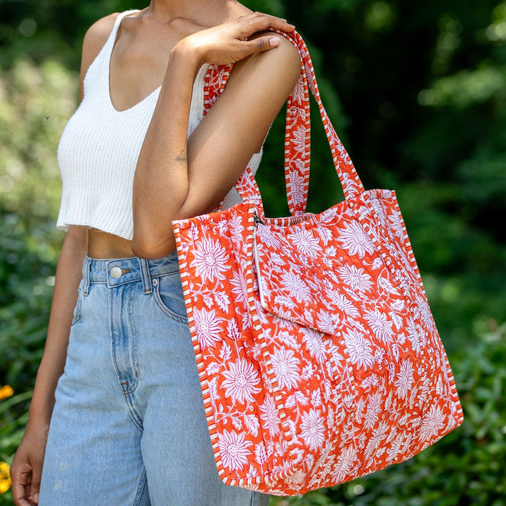 Anju Quilted Tote Bag with Travel Pouch – Orange Botanicals
