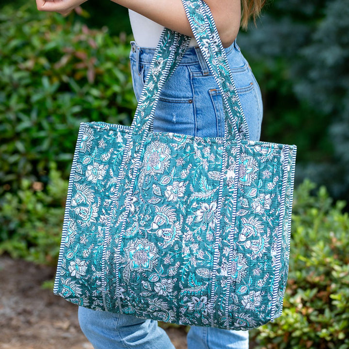 Anju Quilted Tote Bag with Travel Pouch – Teal Florals