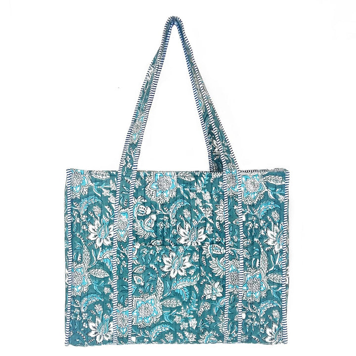 Anju Quilted Tote Bag with Travel Pouch – Teal Florals