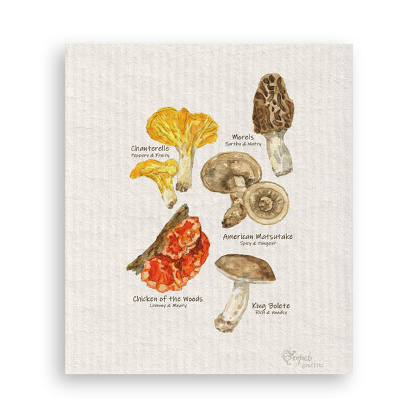 French Graffiti Swedish Dishcloth - Mixed Mushrooms w/Names
