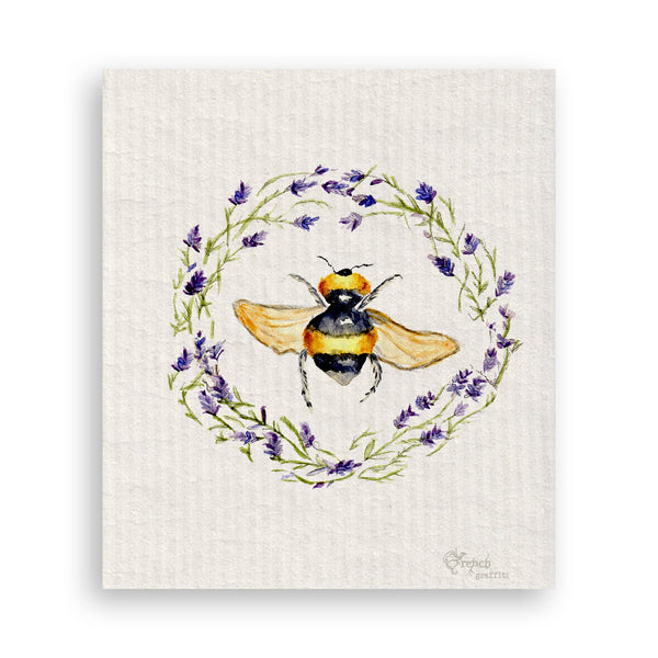 French Graffiti Swedish Dishcloth - Bee w/Lavender Wreath