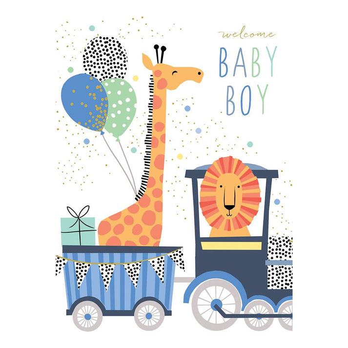 Pictura Baby Boy Giraffe & Lion Train Greeting Card