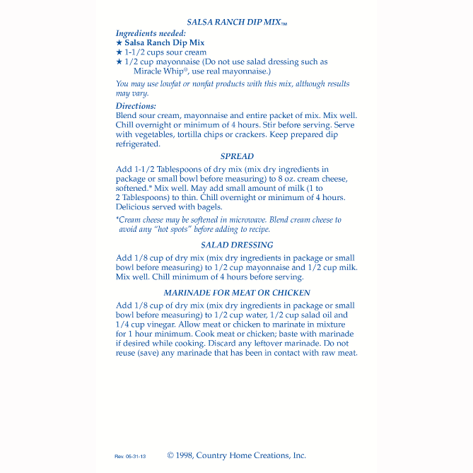 Country Home Creations Salsa Ranch Dip Mix