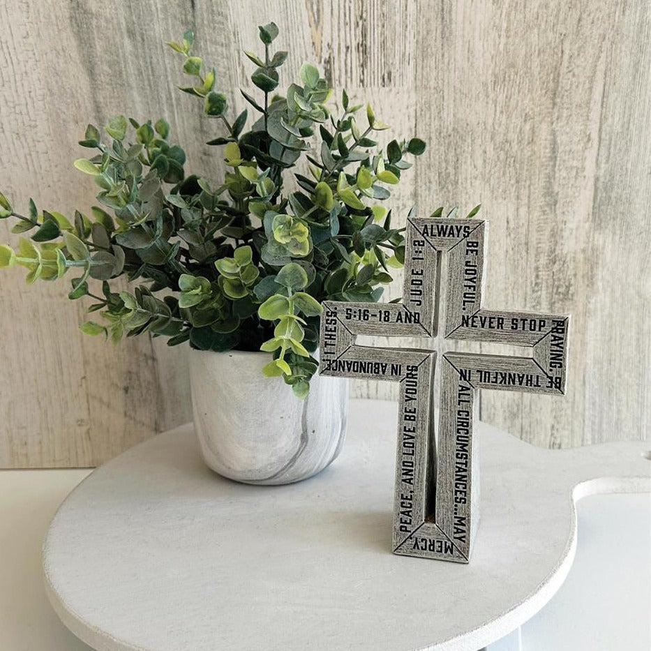 Cottage Garden Tabletop Cross Rustic White Be Joyful