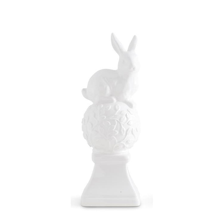 K & K Interiors White Ceramic Finial w/Bunny on Top - 9.75" Style 1