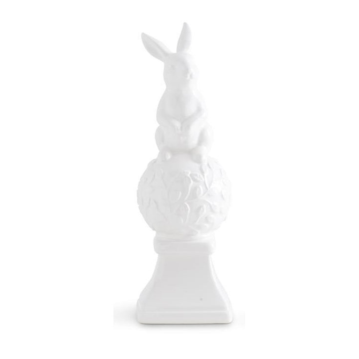 K & K Interiors White Ceramic Finial w/Bunny on Top - 9.75" Style 2