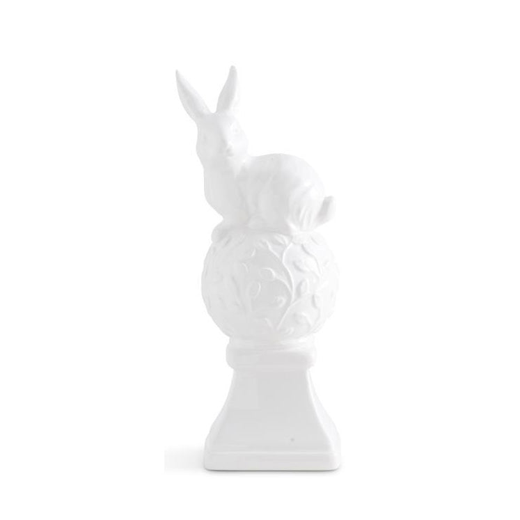 K & K Interiors White Ceramic Finial w/Bunny on Top - 9.75" Style 3