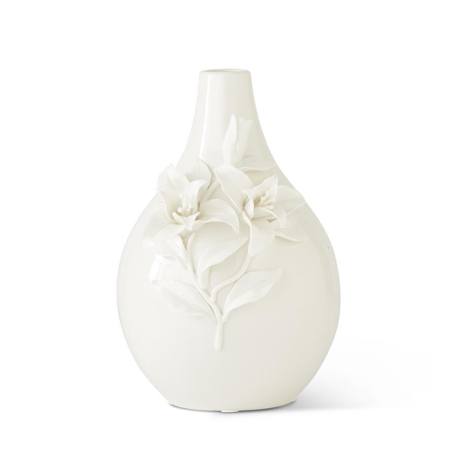 K & K Interiors White Ceramic Bottle Neck Vase w/Raised Lily Flowers