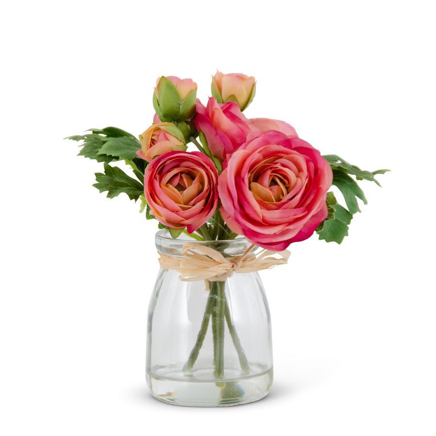 K & K Interiors Pink Ranunculus Bouquet in Glass Vase w/Faux Water - 6.75 Inch