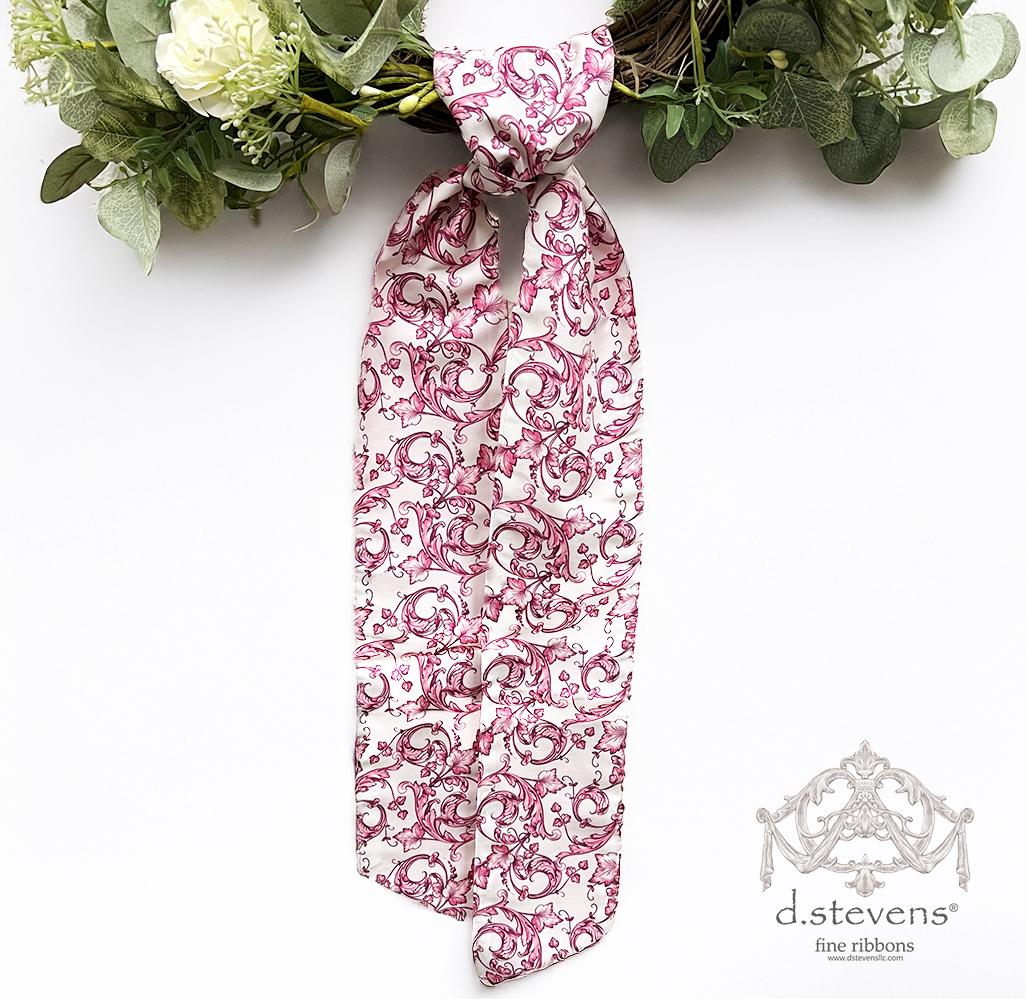 d. stevens Taffeta Acanthus Scroll Chinoiserie Sash Hot Pink White