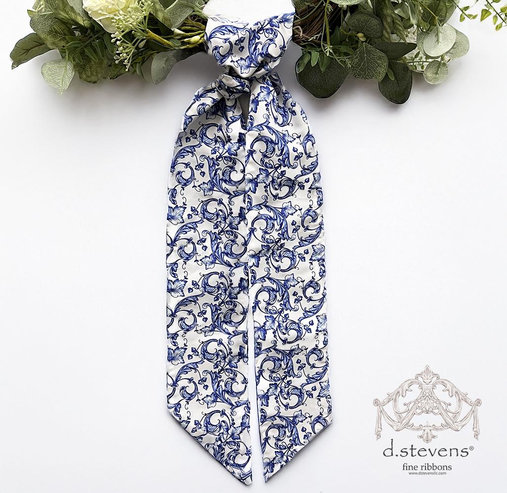 d. stevens Taffeta Acanthus Scroll Chinoiserie Sash Royal Blue White