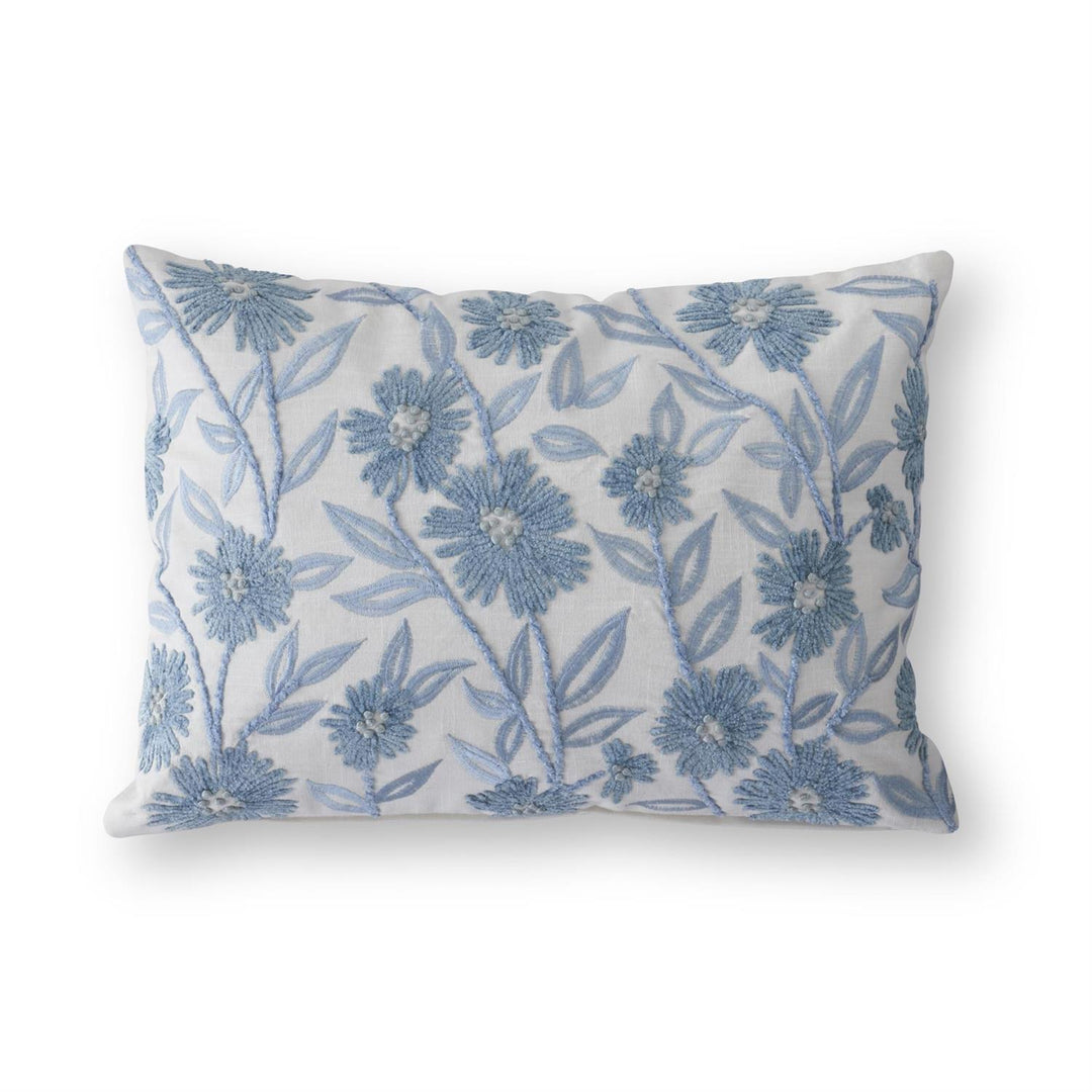 K & K Interiors Lumbar White Linen & Blue Embroidered Floral Pillow - 14"