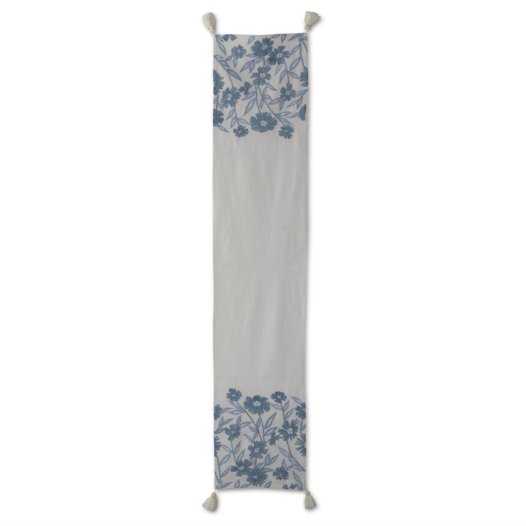 K & K Interiors Table Runner - White Linen & Blue Embroidered Floral - 72"