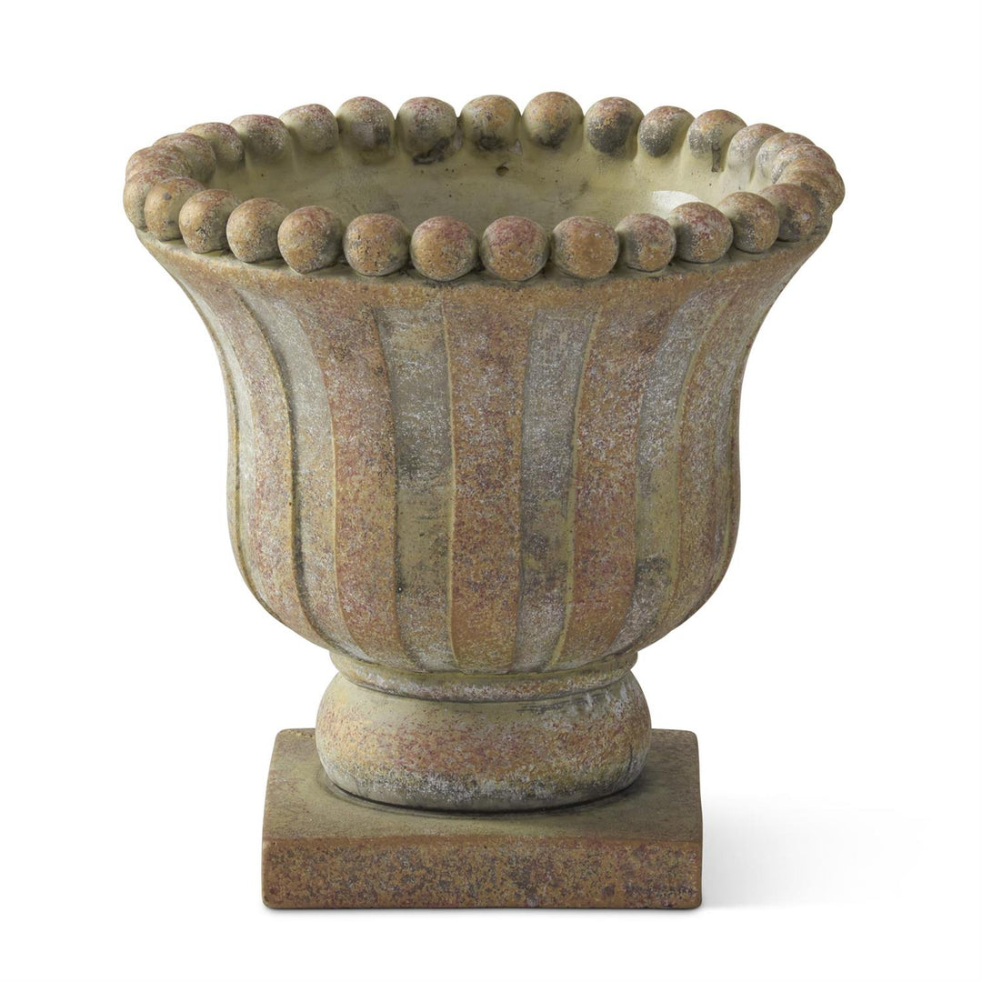 K & K Interiors Weathered Tan & Green Urn w/Square Base - 9"