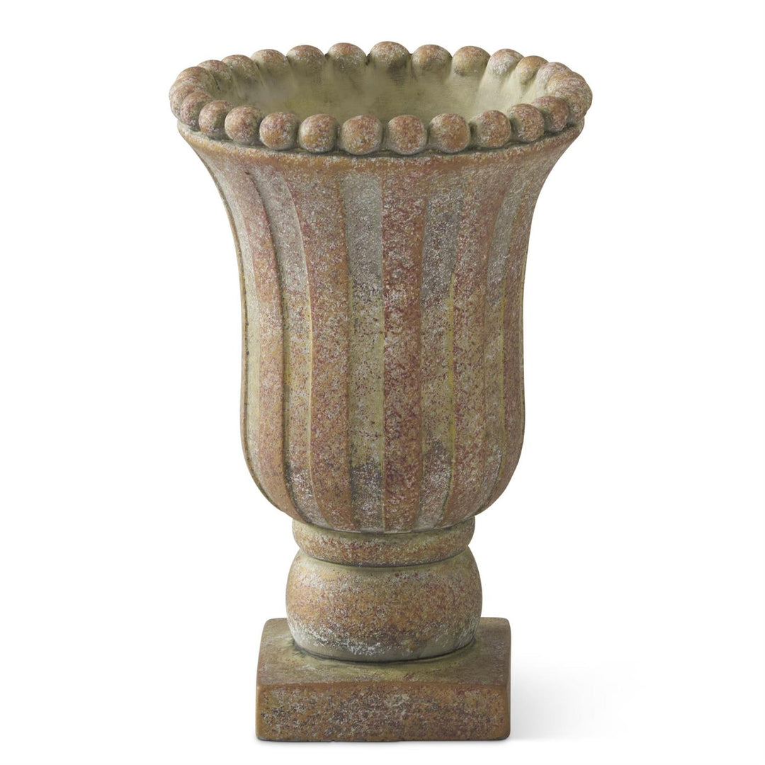 K & K Interiors Weathered Tan & Green Urn w/Square Base - 10.25"
