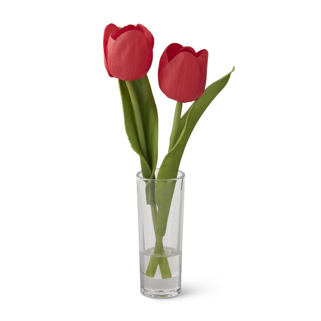 K & K Interiors Red Real Touch Double Tulip Premade in Glass Vase w/Faux Water