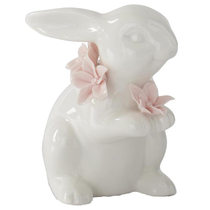 K & K Interiors White Ceramic Easter Bunny w/Pink Flowers - 5" Style 2