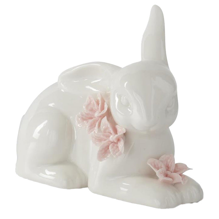 K & K Interiors White Ceramic Easter Bunny w/Pink Flowers - 5" Style 3