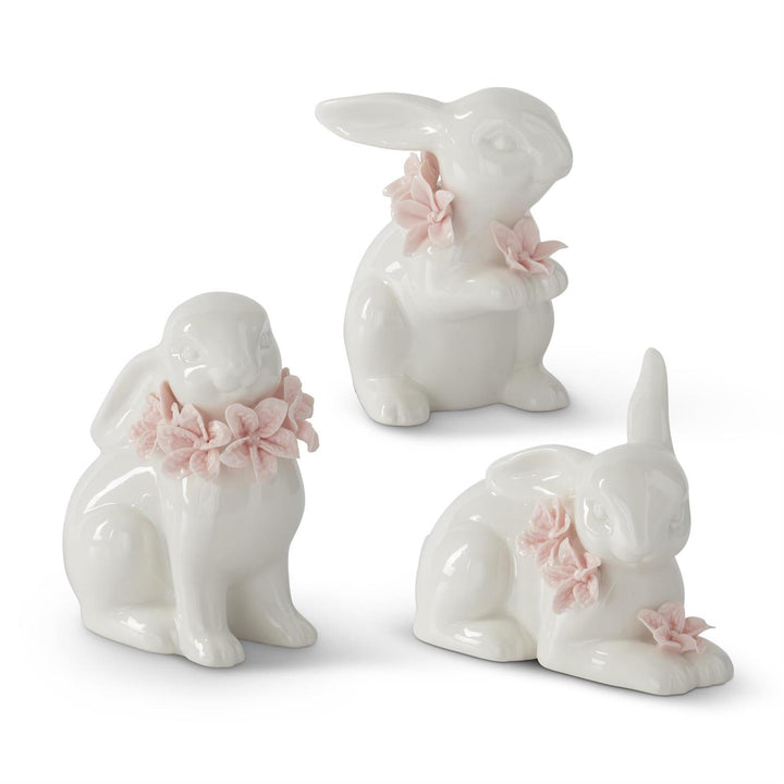 K & K Interiors White Ceramic Easter Bunnies w/Pink Flowers - 5" Style 1