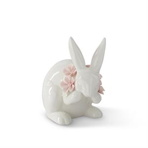 K & K Interiors White Ceramic Easter Bunny w/Pink Flowers - 6"