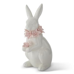 K & K Interiors White Ceramic Easter Bunny w/Pink Flowers - 9"