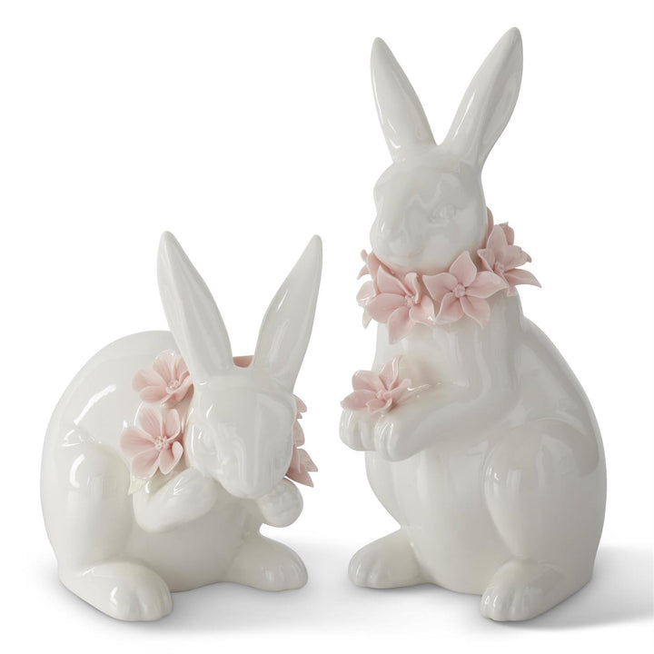 K & K Interiors White Ceramic Easter Bunny w/Pink Flowers - 9"