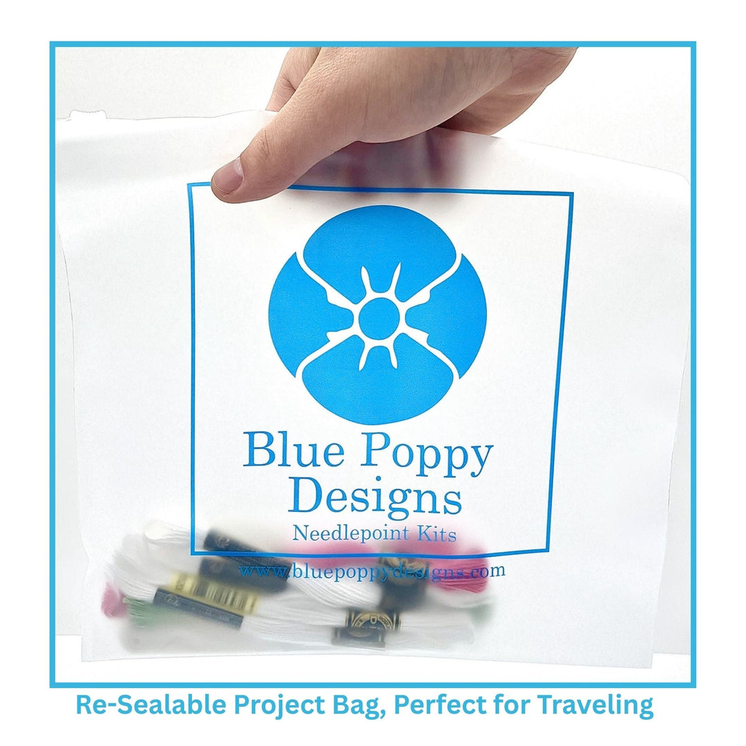 Blue Poppy Bicycle with Pink Flowers Needlepoint Kit