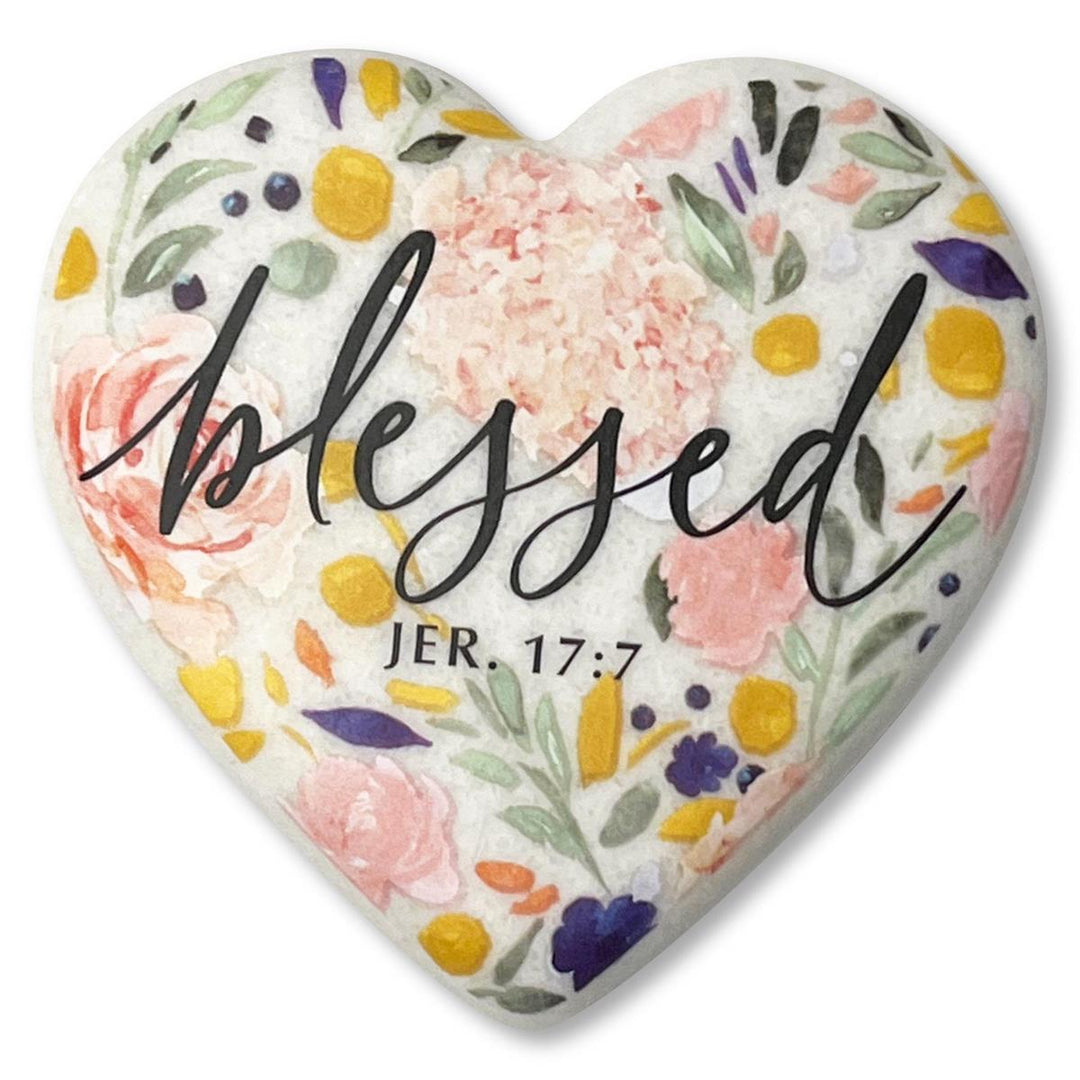 Cottage Garden Tabletop Heart Stone Floral Blessed Pink Blue