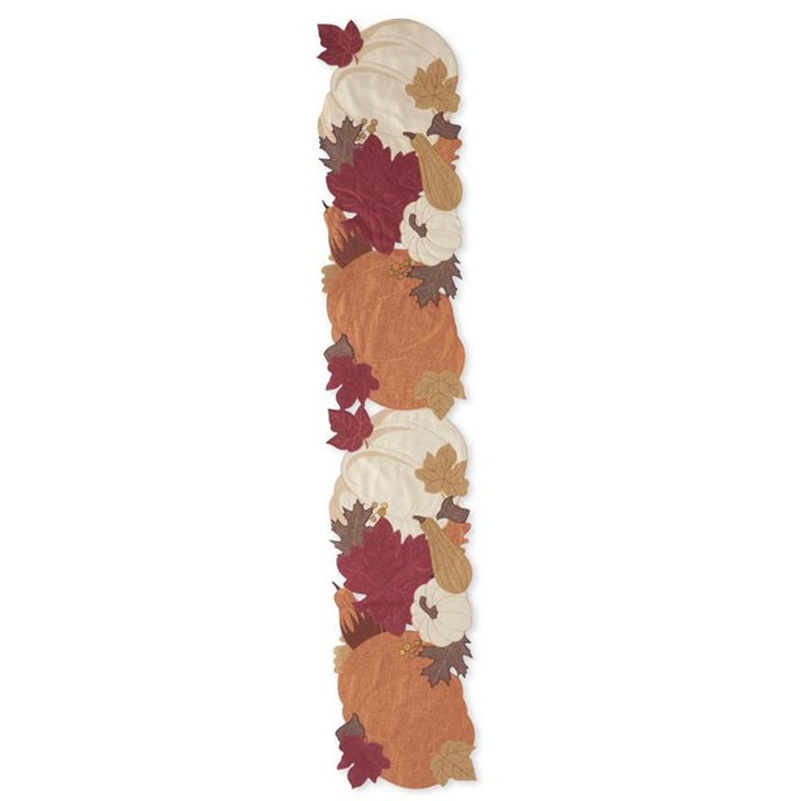 K & K Interiors Table Runner - Brown Pumpkin & Fall Leaves Embroidered Cutout