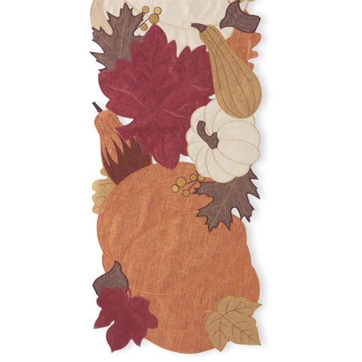 K & K Interiors Table Runner - Brown Pumpkin & Fall Leaves Embroidered Cutout