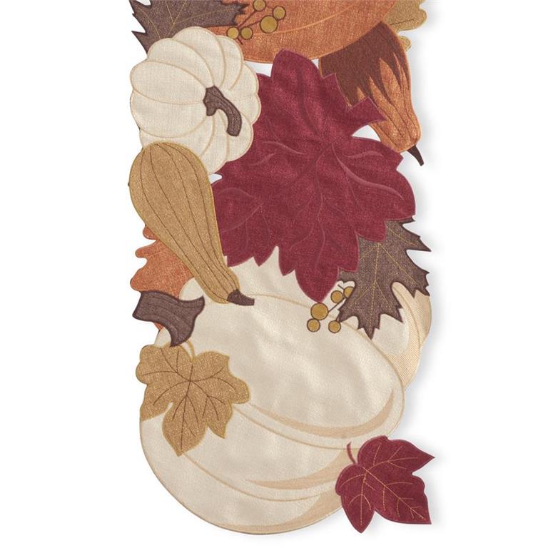 K & K Interiors Table Runner - Brown Pumpkin & Fall Leaves Embroidered Cutout