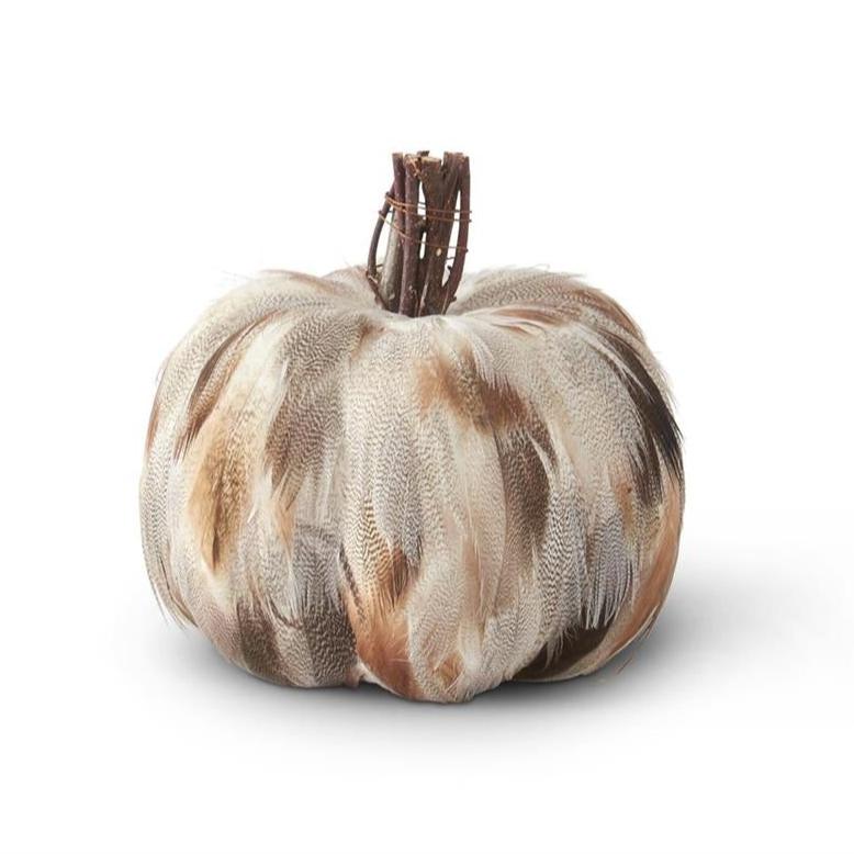 K & K Interiors Gray & Brown Feather Pumpkin w/Twig Stem - 5.25"