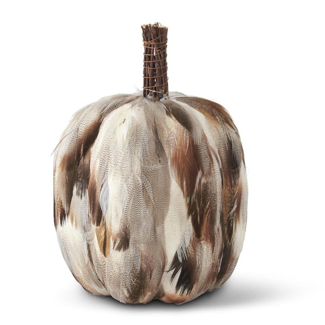 K & K Interiors Gray & Brown Feather Pumpkin w/Twig Stem - 9"