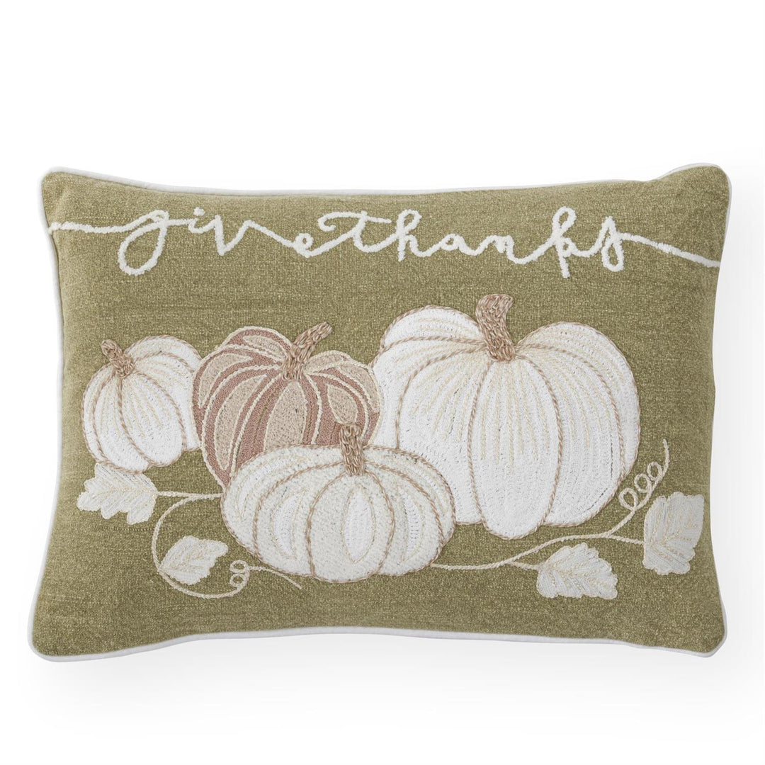 K & K Interiors Sage Green Embroidered Pumpkin Lumbar Pillow - 14"