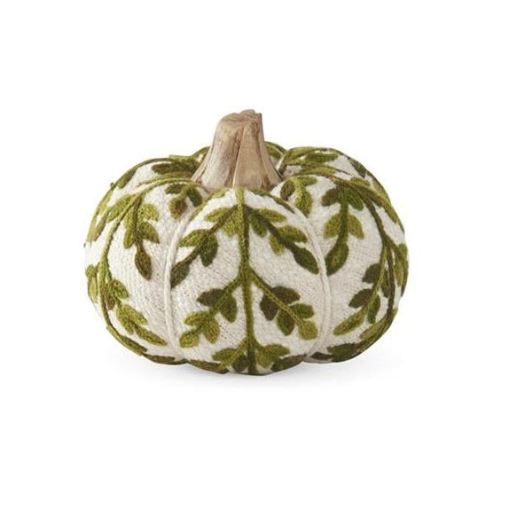K & K Interiors Cream & Green Foliage Knit Pumpkin w/Wood Stem - 3.5"