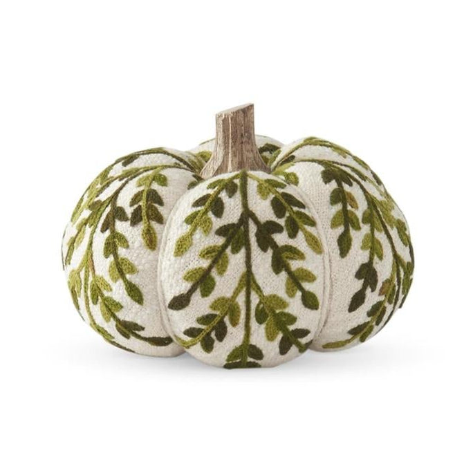 K & K Interiors Cream & Green Foliage Knit Pumpkin w/Wood Stem - 4.5"