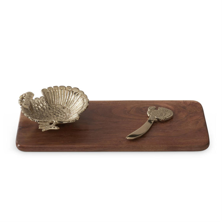 K & K Interiors Wood Cheese Tray w/Attached Turkey Dish & Spreader