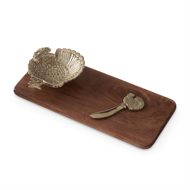 K & K Interiors Wood Cheese Tray w/Attached Turkey Dish & Spreader
