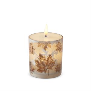 K & K Interiors Frosted Leaf Glass Container LED Candle w/Timer - 4.25"