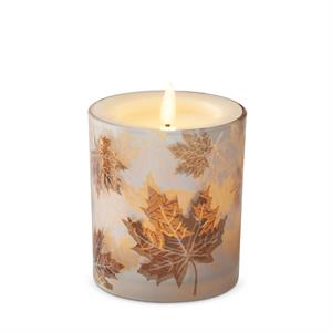 K & K Interiors Frosted Leaf Glass Container LED Candle w/Timer - 4.75"