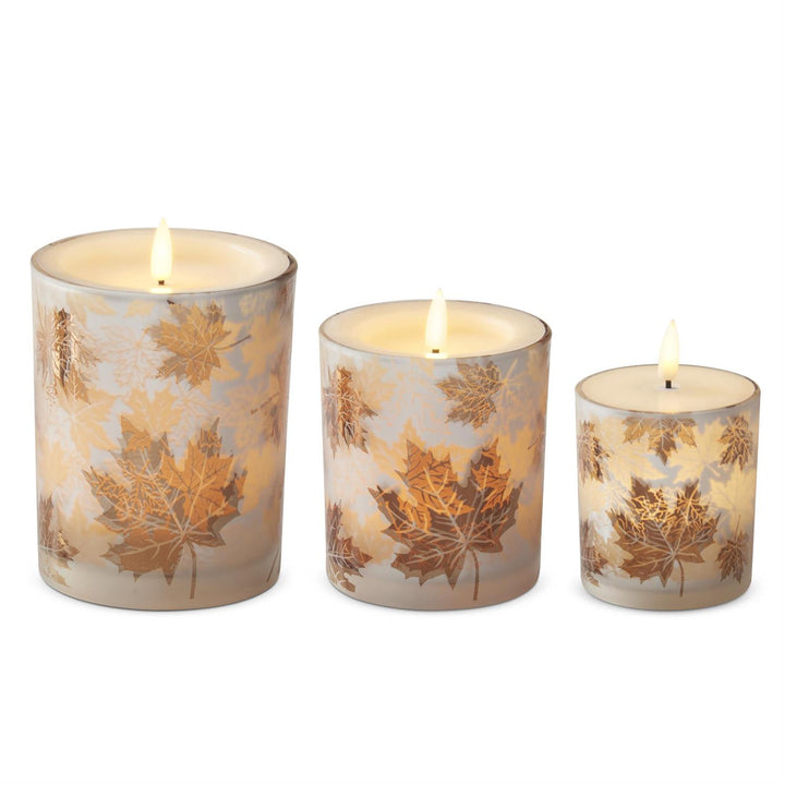 K & K Interiors Frosted Leaf Glass Container LED Candle w/Timer - 4.75"