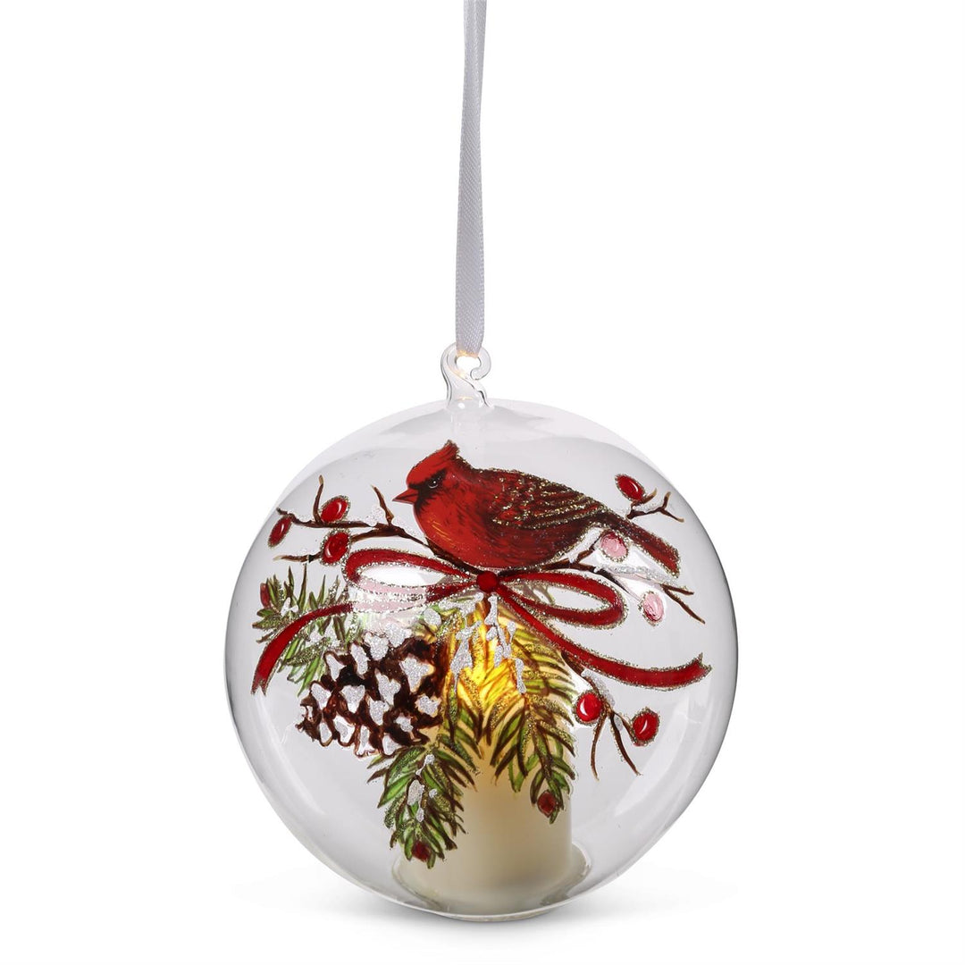 K & K Interiors LED Clear Glass Cardinal & Pinecone Ornament w/Timer - 4.75"