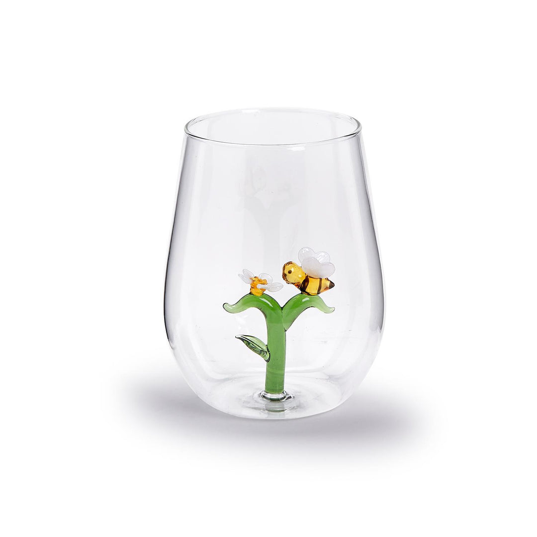 Two's Company Bee and Flower Icon Stemless Wine Glass