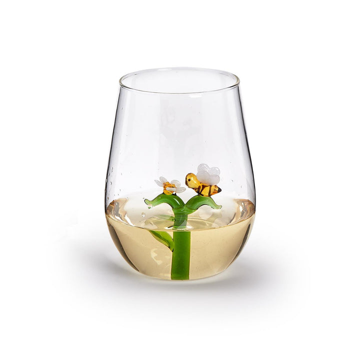 Two's Company Bee and Flower Icon Stemless Wine Glass