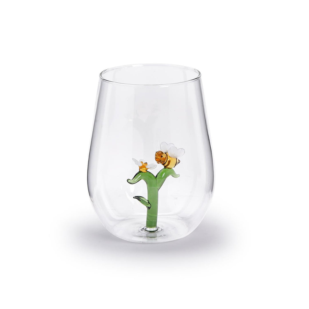 Two's Company Bee and Flower Icon Stemless Wine Glass