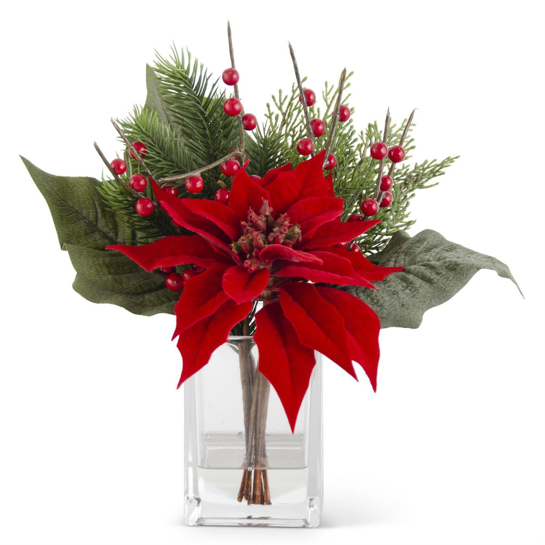 K & K Interiors Red Poinsettia & Pine Premade in Glass Vase - 16"