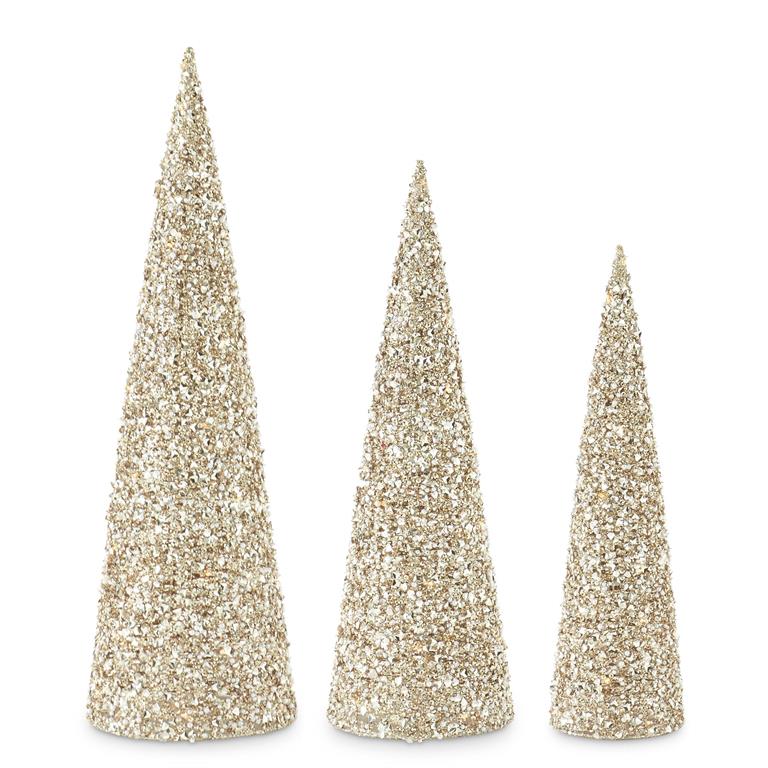 K & K Interiors Champagne Sequins & Bead Embellished LED Cone Tree w/Timer - Large