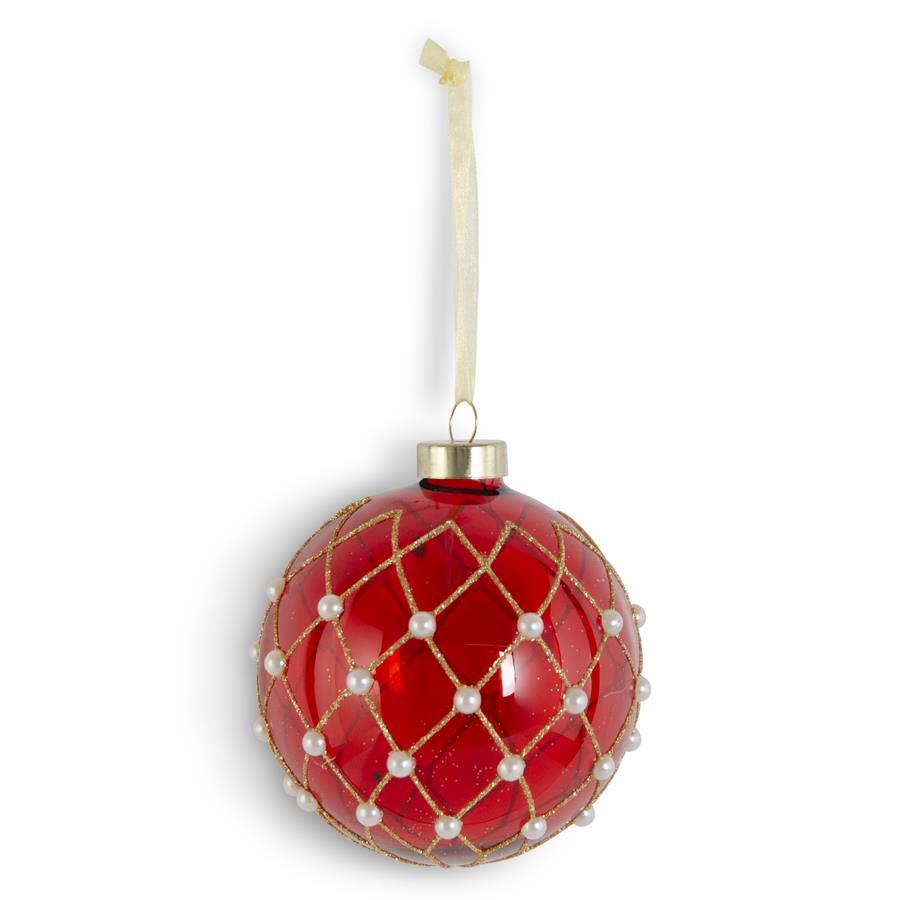 K & K Interiors Red Glass Ornament w/Gold Diamond Glitter & Pearls - 3.75"