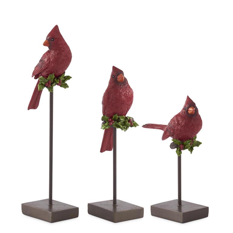 K & K Interiors  Resin Cardinals w/Holly on Black Metal Spindle - Small
