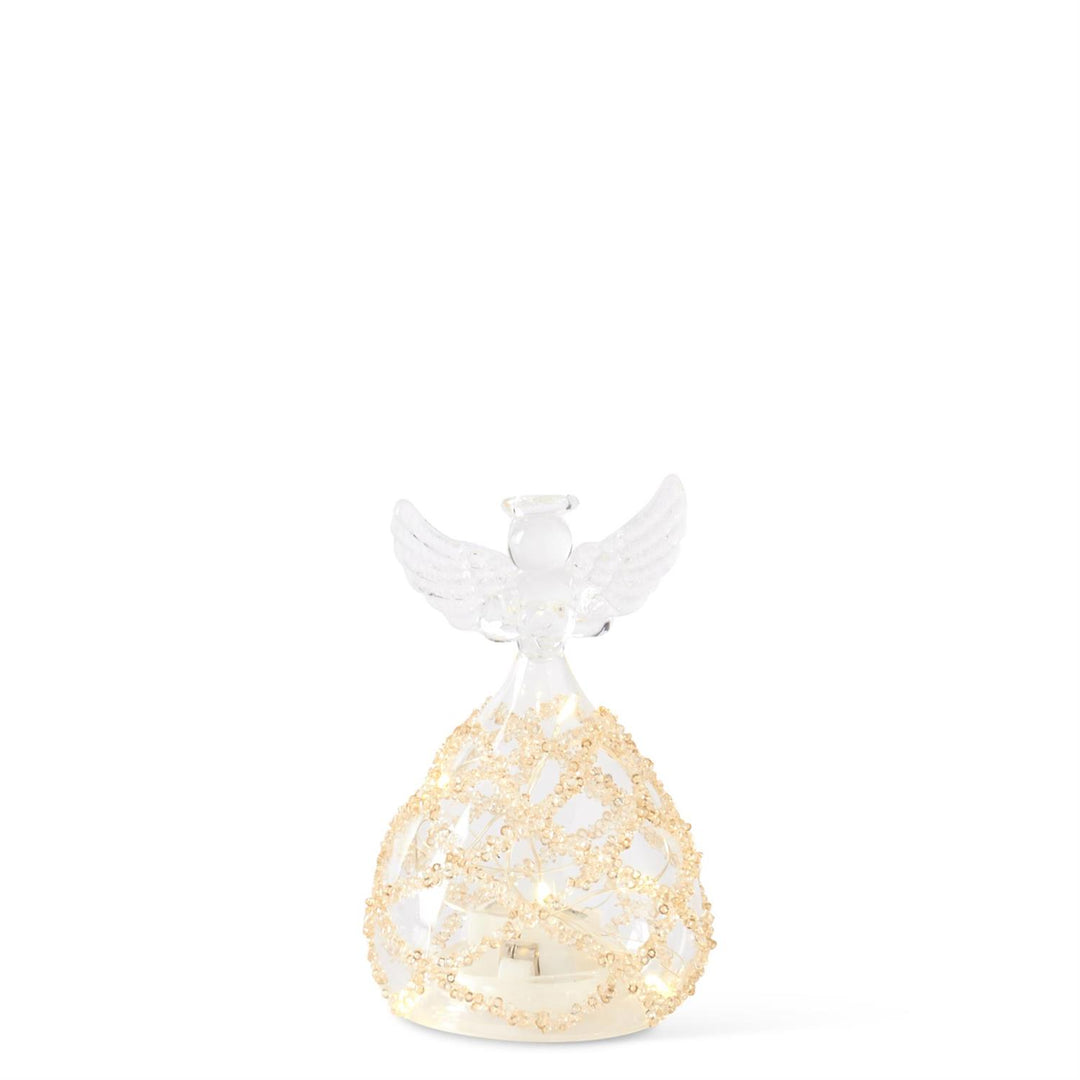 K & K Interiors Clear Glass LED Angel w/Lattice Gold Beads - 4.5"